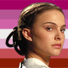 Padme Amidala with the Lipstick Lesbian Flag in the background